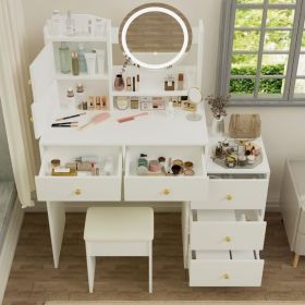 Fashion Vanity Desk with Mirror and Lights for Makeup and Cushioned Chair, Vanity Mirror with Lights and Table Set with 3 Color Lighting Brightness Ad