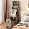 Small Vanity Desk with Mirror and LED Lights, Makeup Table with Charging Station and Storage Shelves for Small Space, Compact Mini Corner Vanity Set w