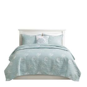 4 Piece Cotton Reversible Embroidered Quilt Set with Throw Pillow