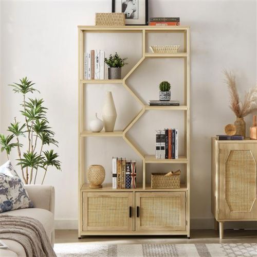Bookshelves In Rattan, 7-tier Bookcase Storage Shelves For Living Room, Home Office, Natural Color Bookshelves In Rattan, 7-tier Bookcase Storage Shelves For Living Room, Home Office, Natural Color