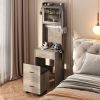 Small Vanity Desk with Mirror and LED Lights, Makeup Table with Charging Station and Storage Shelves for Small Space, Compact Mini Corner Vanity Set w
