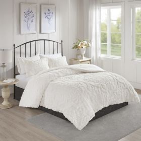 3 Piece Tufted Cotton Chenille Damask Comforter Set (Color: as Pic)